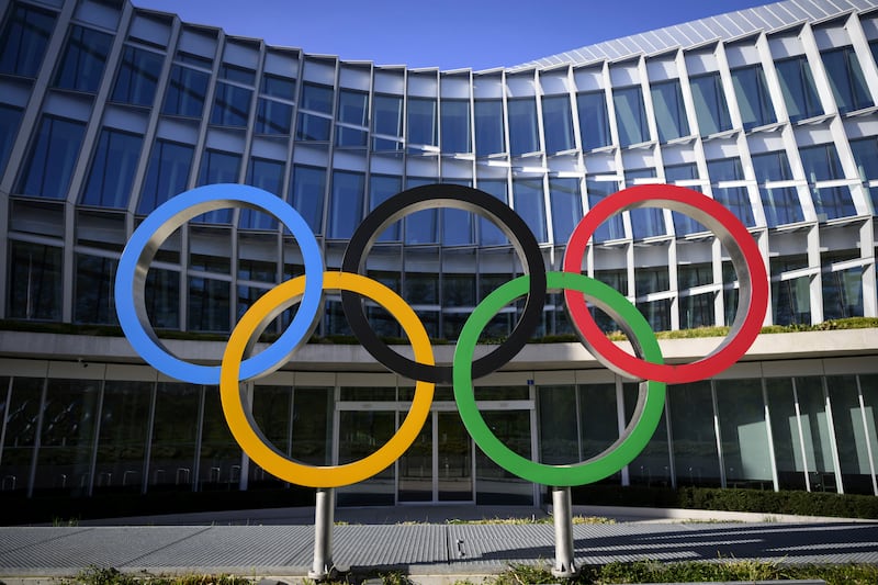 Olympic rings are pictured in front of the  headquarters of the International Olympic Committee in Switzerland, March 28, 2023.