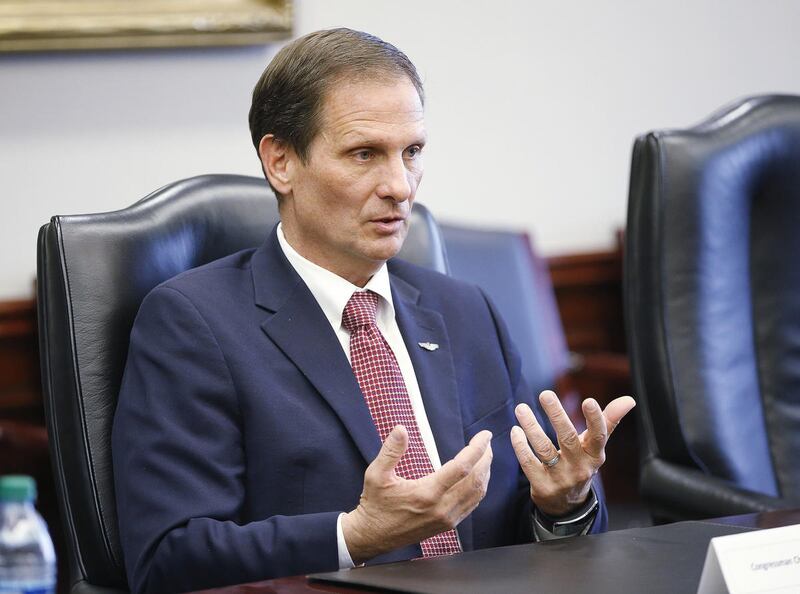 FILE - Rep. Chris Stewart, R-Utah, speaks to the Deseret News editorial board in Salt Lake City Thursday, March 31, 2016. Stewart is under reportedly under consideration as secretary of the Air Force in the administration of President-elect Donald Trump.