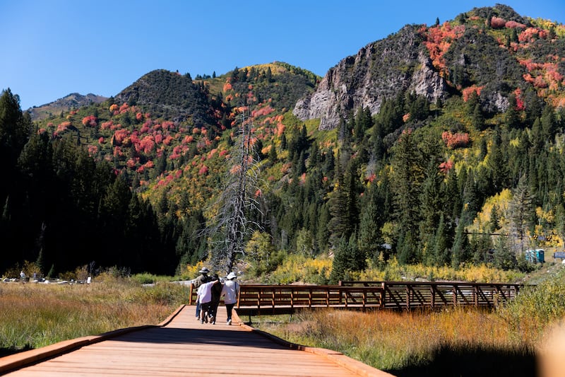A family hikes at Jordan Pines as the fall colors are starting to change up Big Cottonwood Canyon on Sept. 25, 2023.