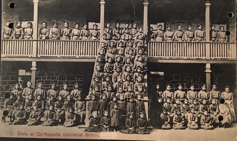 A photo of the children at the Qu’Appelle Indian Residential School.