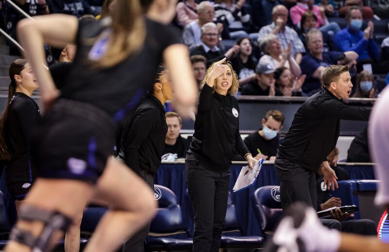 BYU Cougars assistant coach Melanie Day directs players during a game against Gonzaga at the Marriott Center, Feb. 19, 2022.