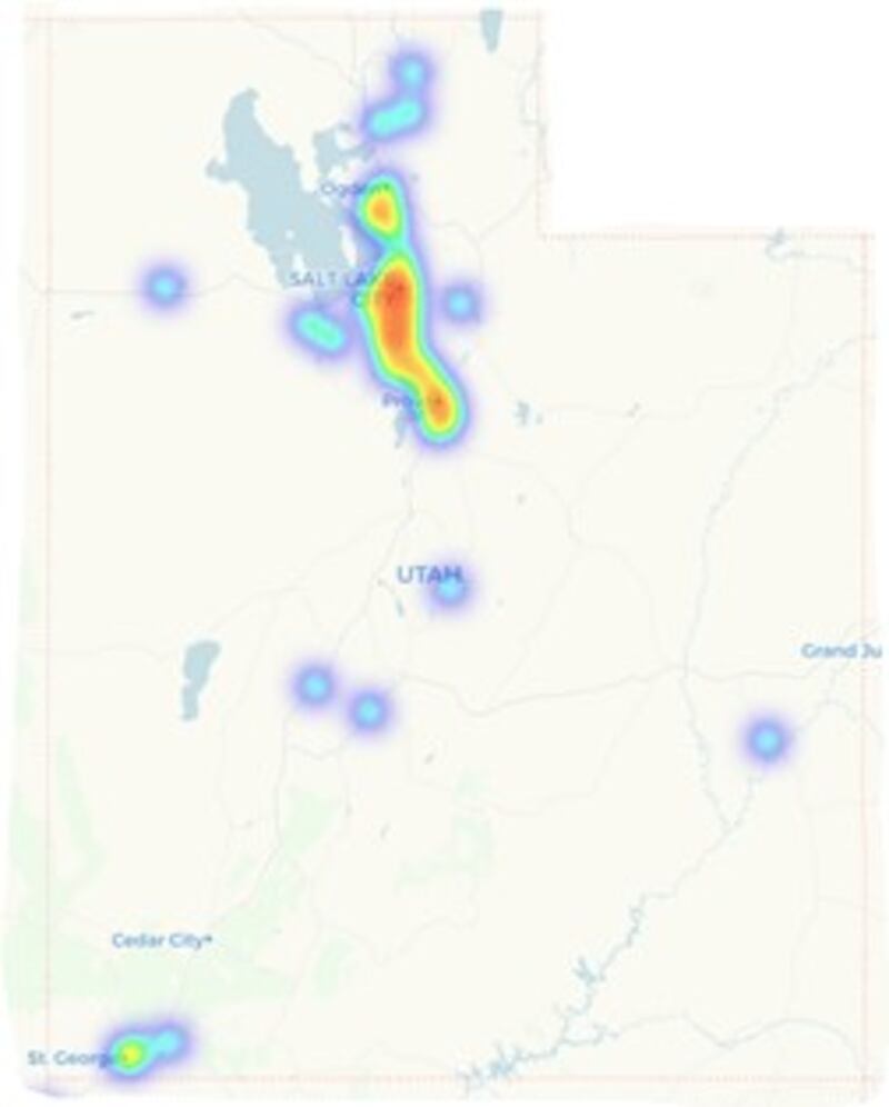 A heatmap of cryptocurrency services in Utah.