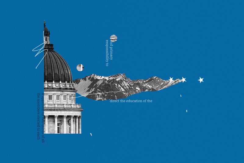 Blue background with Utah State Capitol and stylized mountains
