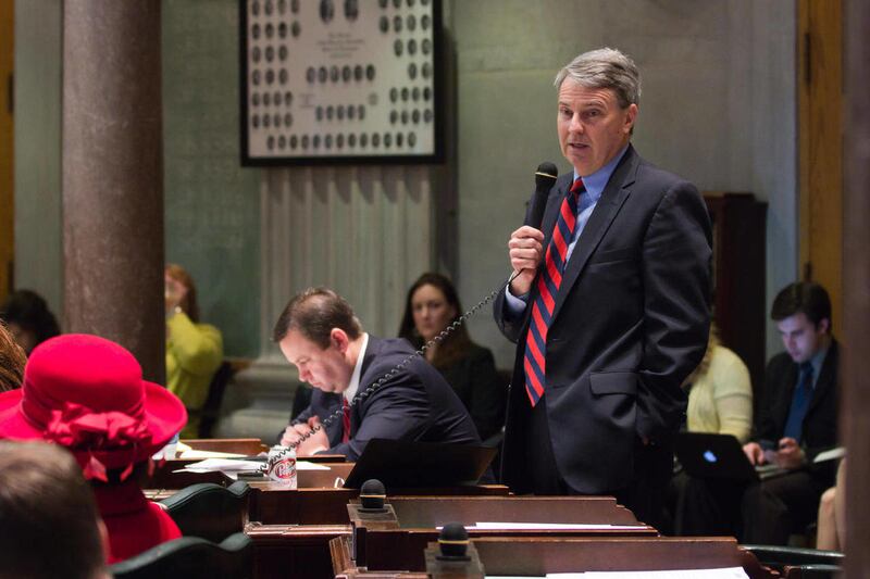 Sen. Roy Herron, D-Dresden, speaks on the Senate floor in Nashville, Tenn., on Thursday, Feb. 23, 2012. Herron raised concerns that revisions to a bill seeking to close records used by state economic development officials to determine which companies shou