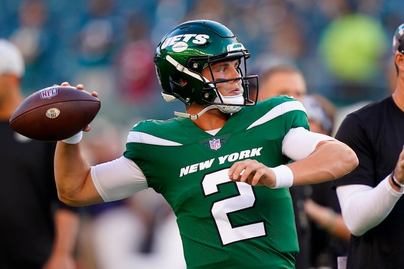 New York Jets’ Zach Wilson in action before of a preseason NFL football game, Friday, Aug. 12, 2022, in Philadelphia.