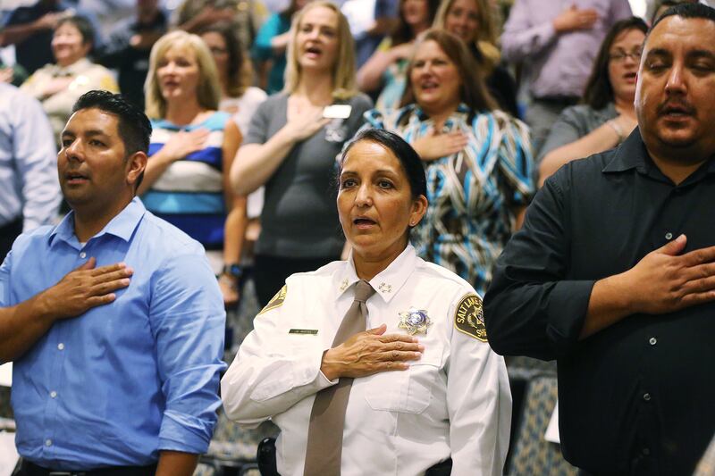 Salt Lake County Sheriff Rosie Rivera, shown during her swearing-in ceremony in August 2017, is vying for her first full term as sheriff. She has held a handful of campaign events this fall.