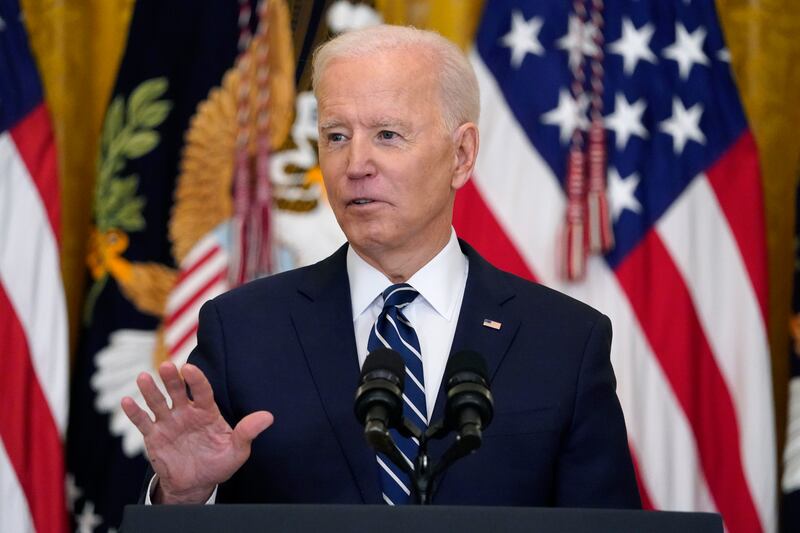 President Joe Biden speaks during a news conference in the East Room of the White House on Thursday, March 25, 2021, in Washington.