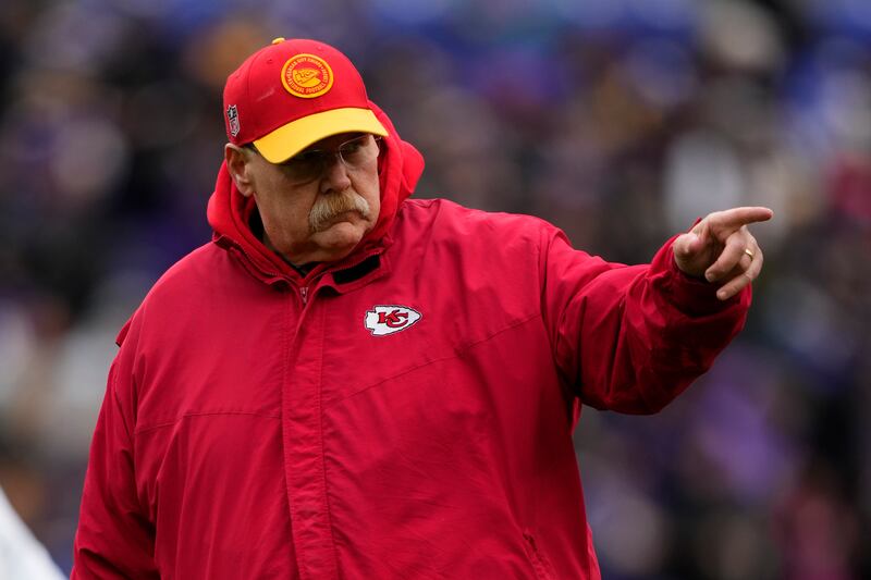 Kansas City Chiefs’ Andy Reid reacts during warm-ups before the AFC championship game against the Baltimore Ravens.