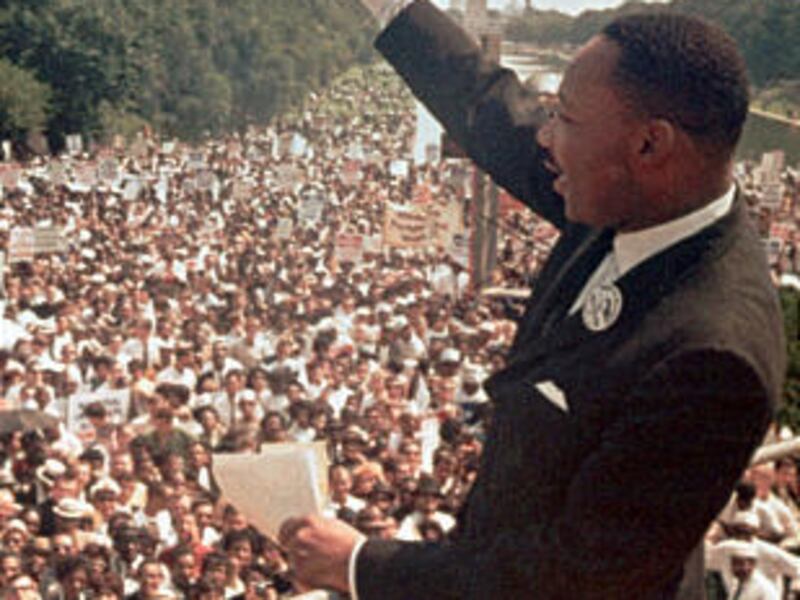 The Rev. Martin Luther King Jr. acknowledges the crowd for his “I Have a Dream” speech during the March on Washington in 1963.