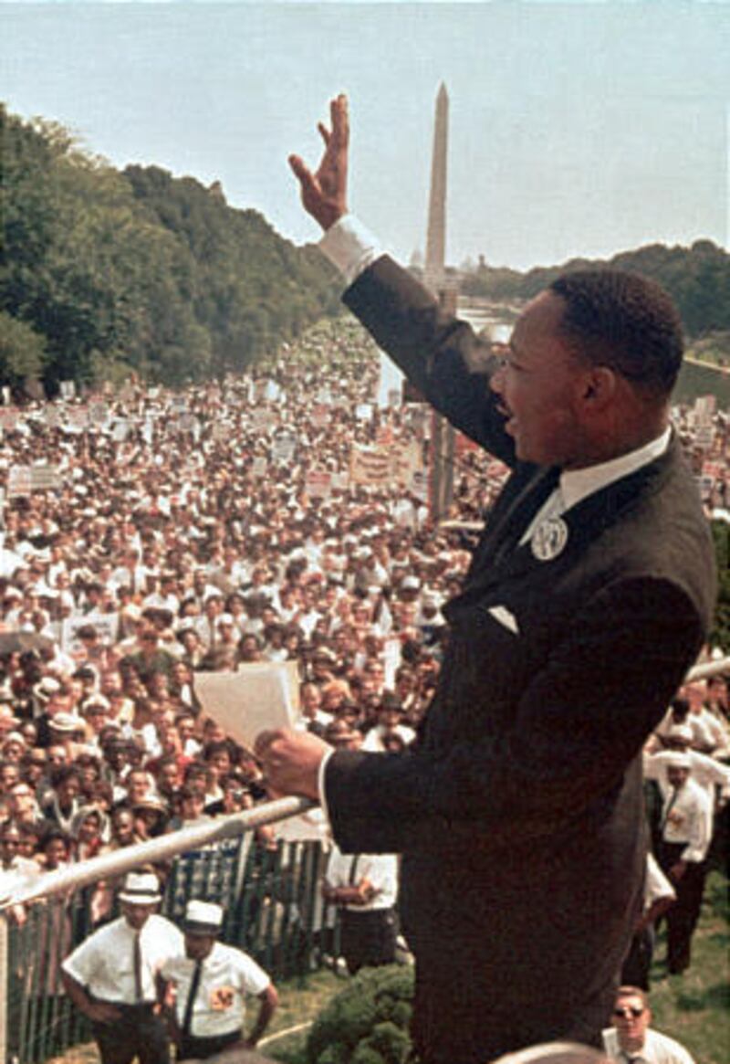 The Rev. Martin Luther King Jr. acknowledges the crowd for his “I Have a Dream” speech during the March on Washington in 1963.