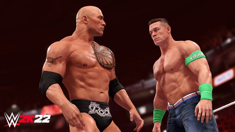 Professional wrestlers The Rock and John Cena in WWE 2K22.