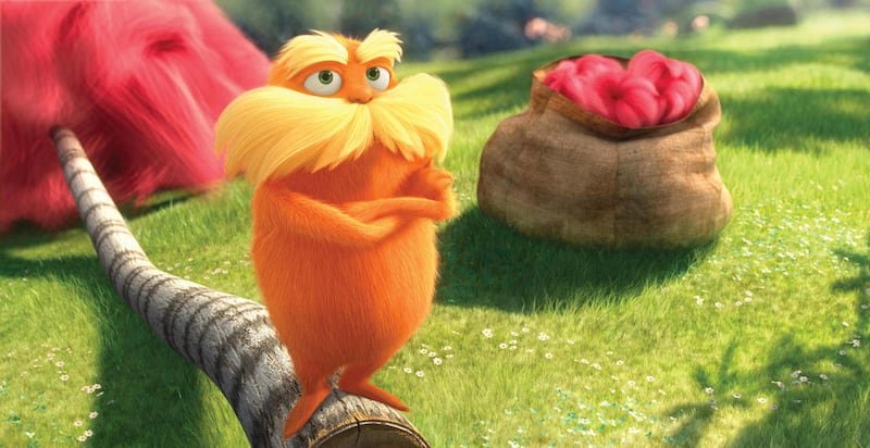 In this film image released by Universal Pictures, animated character Lorax, voiced by Danny Devito, is shown in a scene from "Dr. Seuss' The Lorax."