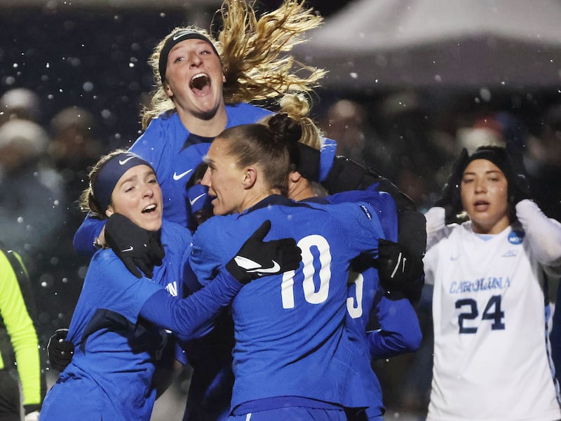 BYU midfielder Bella Folino (22) celebrates her goal against North Carolina with teammates during the NCAA tournament quarterfinals