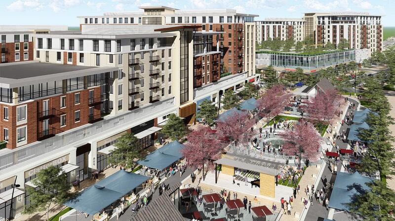 FILE - Artist rendering of proposed Cottonwood Mall redevelopment plan. Ivory Homes and Woodbury Corporation are proposing to build a mixed-use development featuring of upscale housing types on about two-thirds of the property located in Holladay, with re