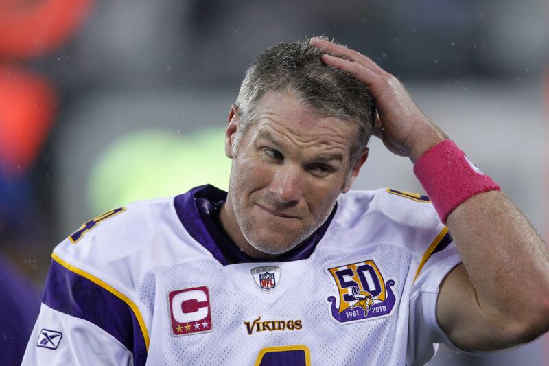 Then-Minnesota Vikings quarterback Brett Favre looks stressed during a game, Oct. 11, 2010, in East Rutherford, N.J.