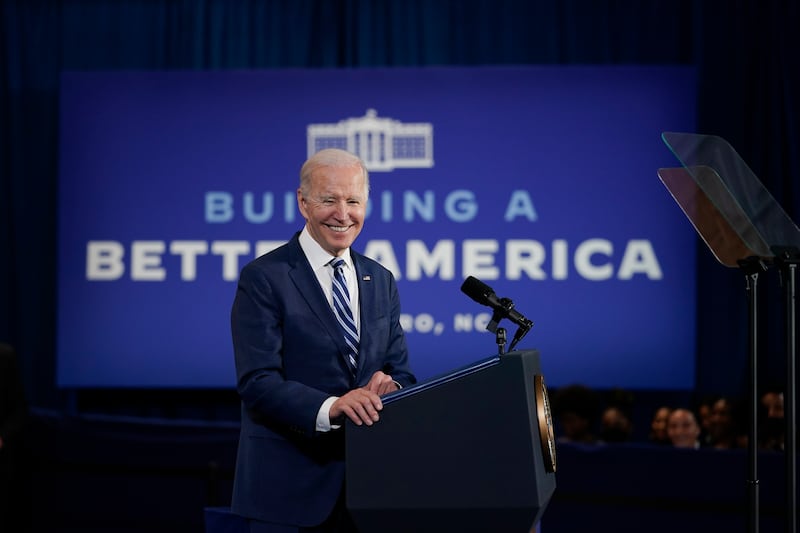 President Joe Biden speaking from a podium in North Carolina