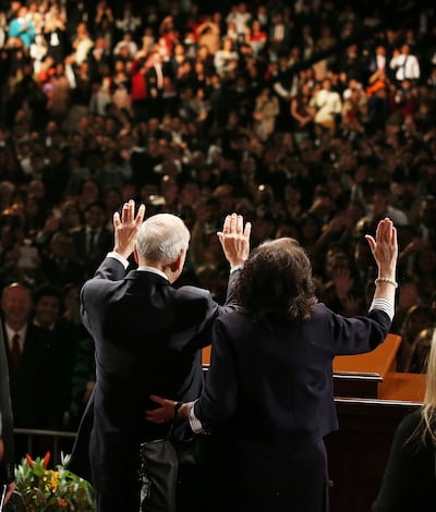 President Russell M. Nelson of The Church of Jesus Christ of Latter-day Saints and his wife Sister Wendy Nelson wave to attendees after a devotional in Lima, Peru on Oct. 20, 2018.
