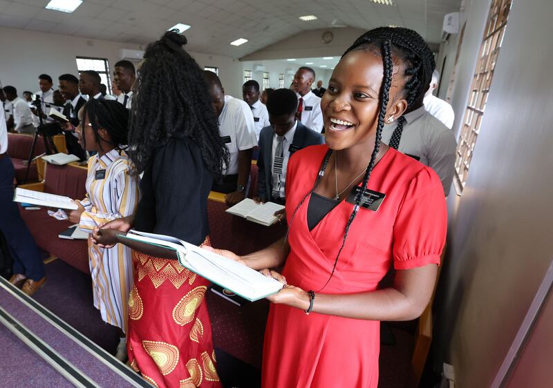 Sister Bertha Panganayi sings with other missionaries during a missionary conference in Lusaka, Zambia, on Feb. 23, 2023.