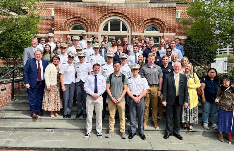 Cadets from United States Military Academy at West Point, New York, and midshipmen from the United States Naval Academy joined with other young adults for an activity in Philadelphia, Pennsylvania, on Saturday, April 19, 2025. Left, Elder Allen D. Haynie, a General Authority Seventy who serves as president of the Church’s North America Northeast Area, attended the activity with his wife, Sister Deborah Haynie.