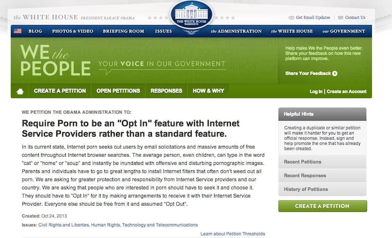 An online petition asks that the government and internet service providers work together to filter out online pornography by default. It is gaining momentum on the petition site on WhiteHouse.gov.
