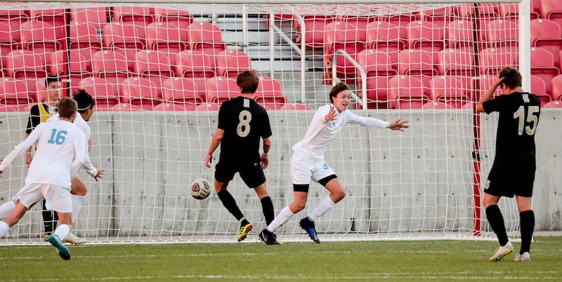 Sky View's Tate Thurston celebrates after scoring against Desert Hills in the 4A boys soccer championship at Rio Tinto Stadium in Sandy on Saturday, May 11, 2019.