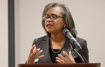 Anita Hill speaks to a capacity crowd at the Obert C. and Grace A. Tanner Humanities Center at the University of Utah in Salt Lake City on Wednesday, Sept. 26, 2018.