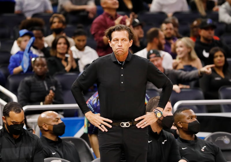 Utah Jazz coach Quin Snyder looks on as his team falls behind late against the Orlando Magic, Nov. 7, 2021, in Orlando, Fla.