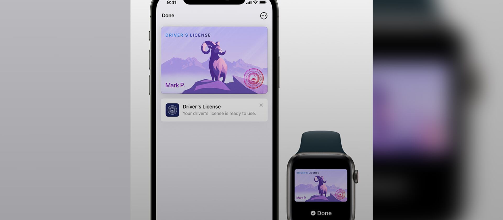 This image, provided by Apple shows what a digital license will look like on an iPhone or Apple Watch.