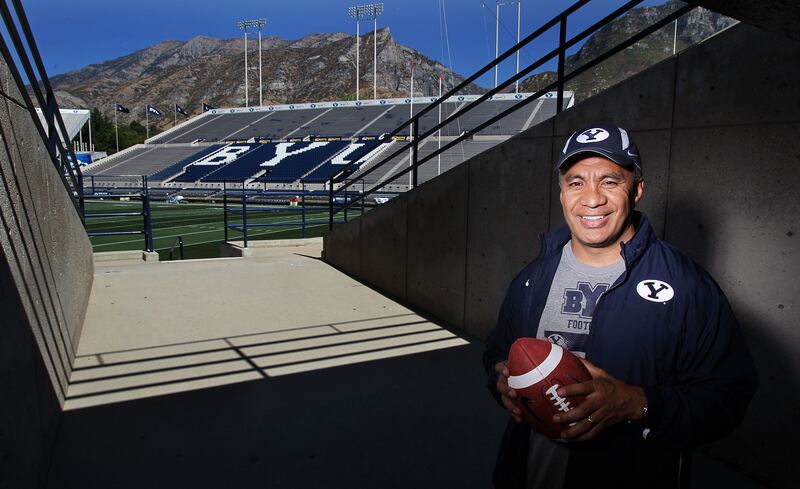 Vai Sikahema poses for photos at LaVell Edwards Stadium in Provo, Utah, on Thursday, Sept. 23, 2010.