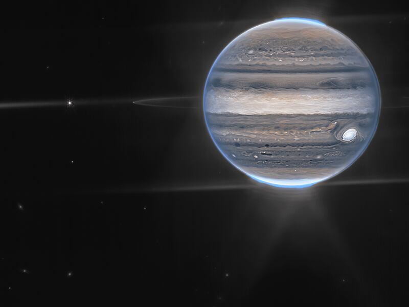 A false color composite image of Jupiter obtained by the James Webb Space Telescope on July 27, 2022.