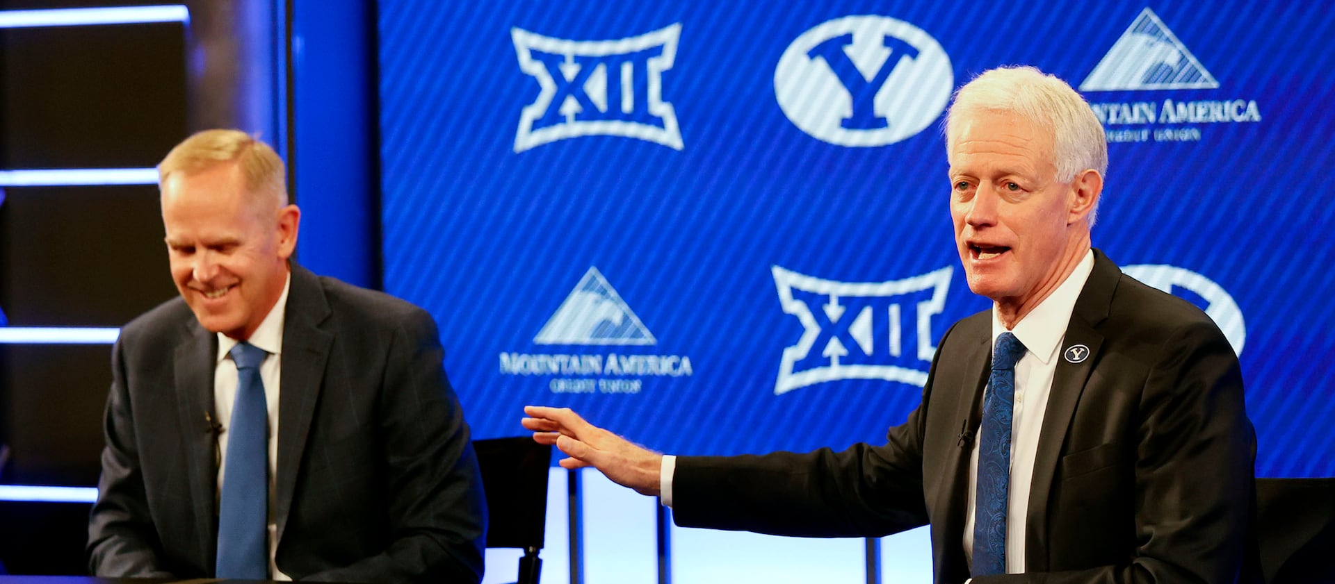 BYU president Kevin Worthen, right, and athletic director Tom Holmoe talk about joining the Big 12 Conference on Sept. 10, 2021.
