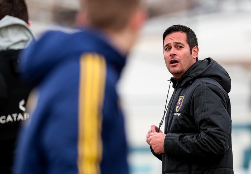 Head coach Mike Petke directs players during a Real Salt Lake practice at America First Field in Sandy on Thursday, Feb. 28, 2019. RSL hosts Vancouver in its home opener on Saturday at Rio Tinto Stadium.