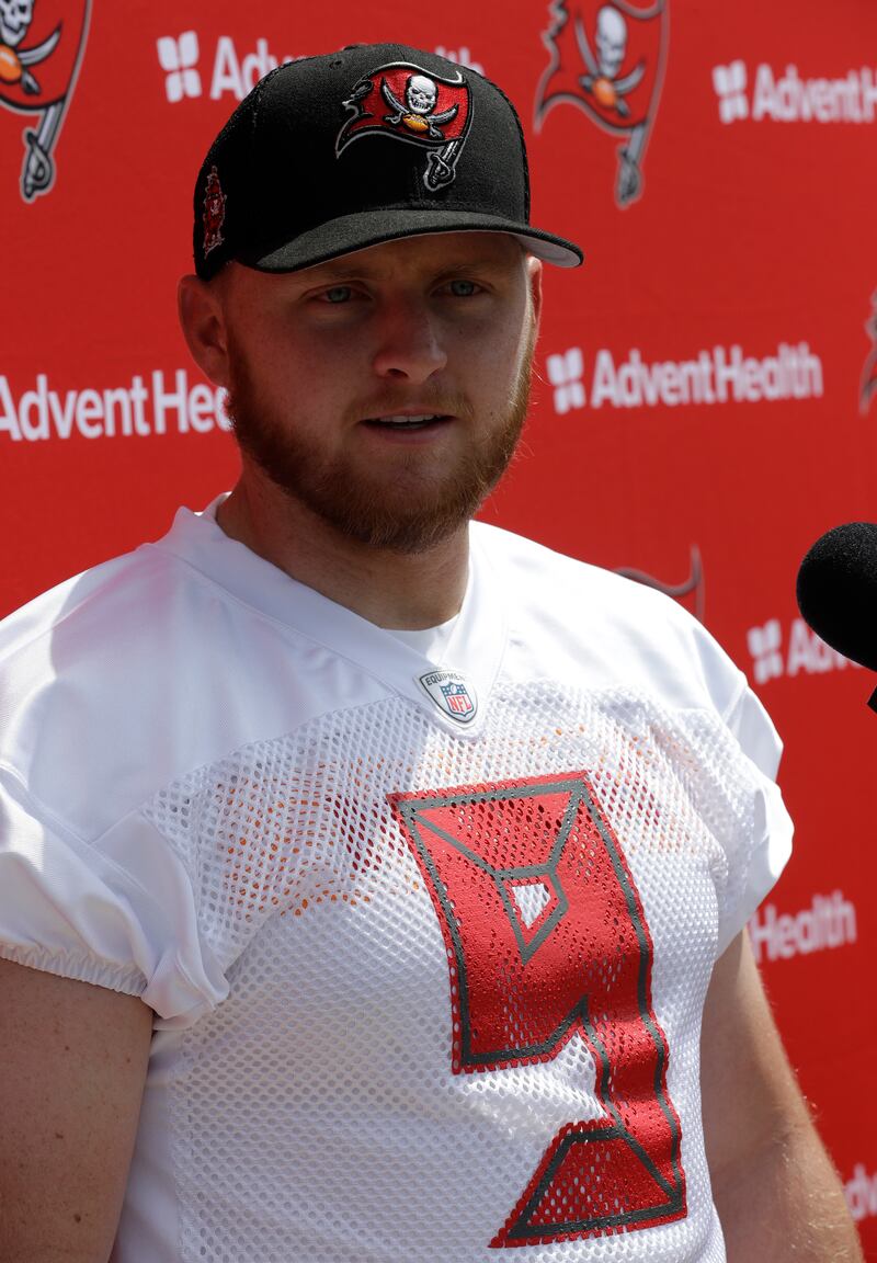 Tampa Bay Buccaneers kicker Matt Gay during a Buccaneers NFL football rookie minicamp Friday, May 10, 2019, in Tampa, Fla.