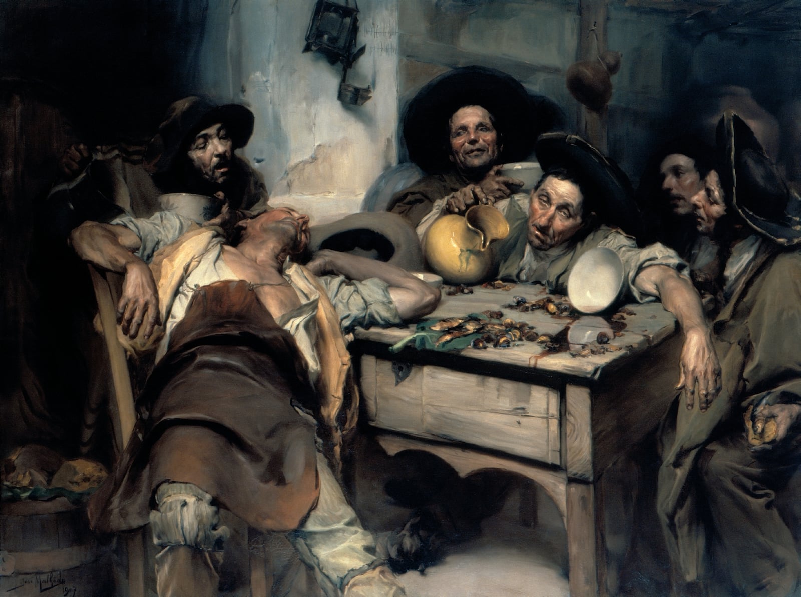 A painting of several men drunk around a table.