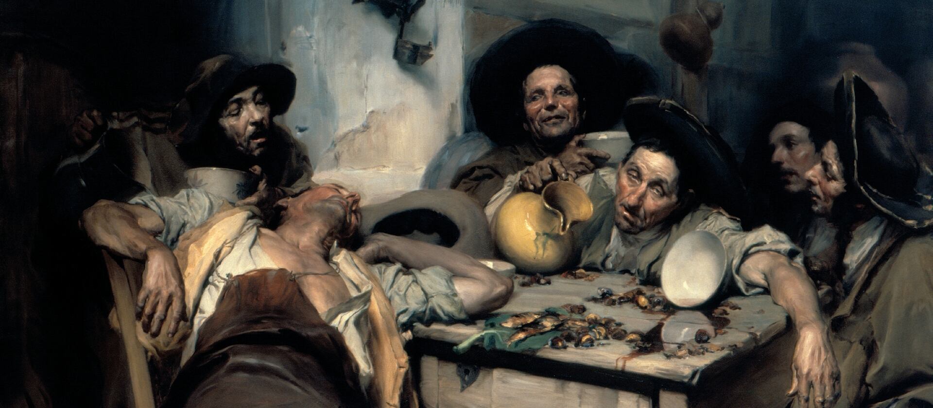 A painting of several men drunk around a table.