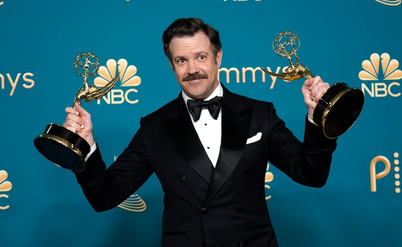 Jason Sudeikis, winner of the Emmys for outstanding lead actor in a comedy series and outstanding comedy series for “Ted Lasso,” poses in the press room at the 74th Primetime Emmy Awards on Monday.