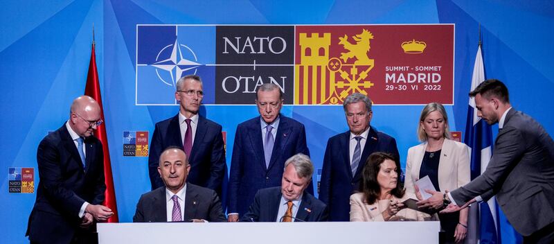 NATO officials sign a memorandum in Madrid in which Turkey agrees to Finland and Sweden’s membership of NATO.