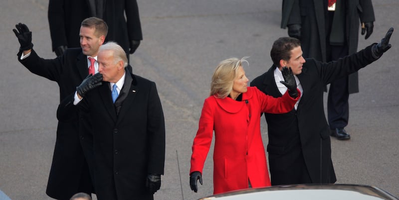 Vice President Joe Biden, his wife Jill and sons Hunter, and Beau, walk on Pennsylvania Avenue near the White House in Washington, Tuesday, Jan. 20, 2009, during his inaugural parade.