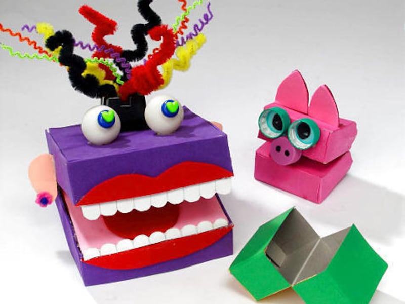 Whimsical box puppets, made from a few empty food boxes, are easy for younger kids to manipulate.
