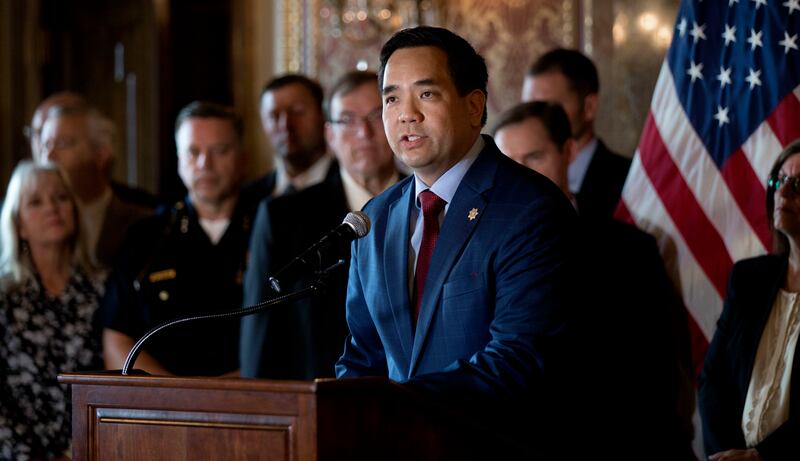 Utah Attorney General Sean Reyes announces the state is filing a lawsuit against Purdue Pharma over the opioid crisis during a press confernece at the Capitol in Salt Lake City on Thursday, May 31, 2018.