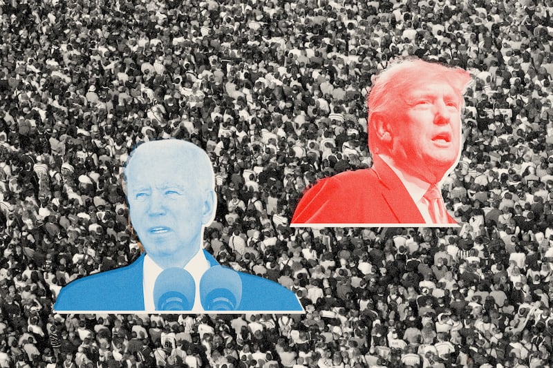 The illustration shows President Joe Biden, left, and former President Donald Trump, right.