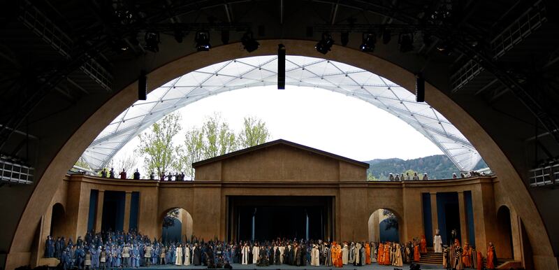 Laymen perform during a dress rehearsal of the passion play 2010 in the theatre of Oberammergau, southern Germany, Monday, May 10, 2010. More than 2,000 citizens of this Bavarian village participate in the century-old play of the suffering of Christ, stag