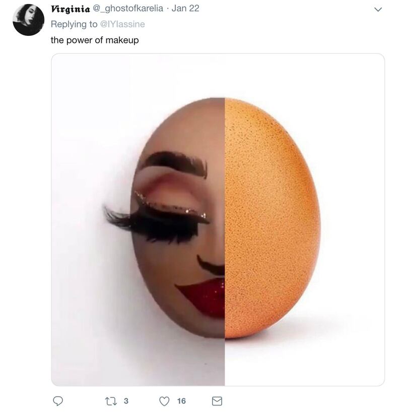 A Twitter reaction to the egg with makeup.