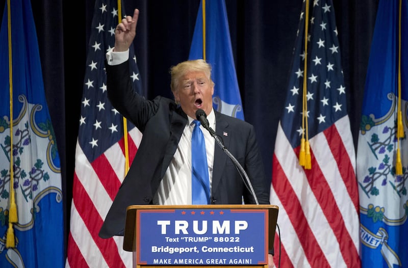 Republican presidential candidate Donald Trump speaks during a campaign rally in Bridgeport, Conn., Saturday, April 23, 2016. (AP Photo/Michael Dwyer)