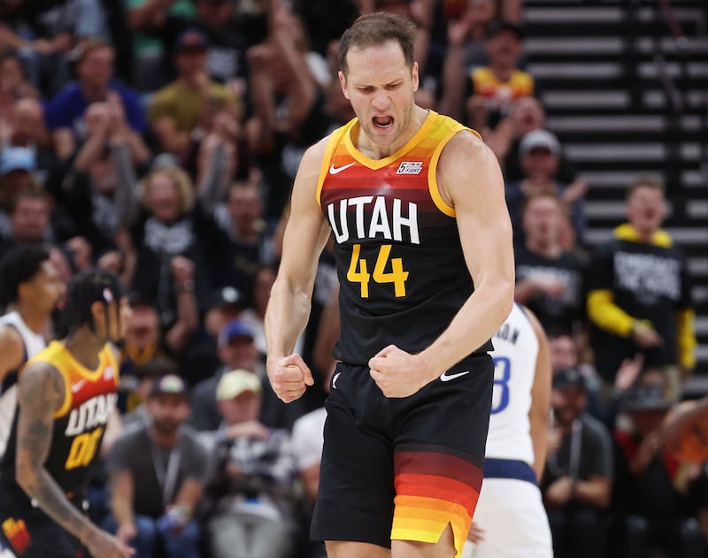 Utah Jazz forward Bojan Bogdanovic hits a 3-pointer during Game 6 playoff series against Dallas in Salt Lake City.