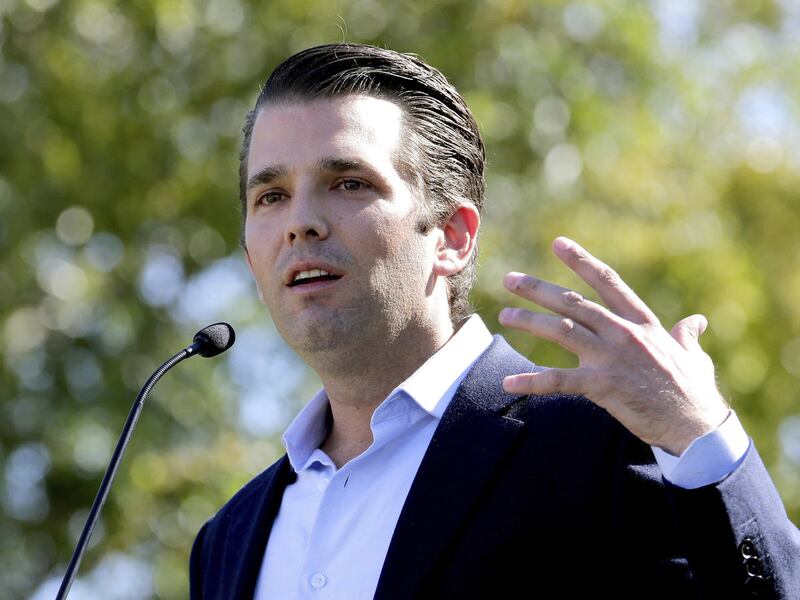 In this Friday, Nov. 4, 2016 file photo, Donald Trump Jr. campaigns for his father Republican presidential candidate Donald Trump in Gilbert, Ariz.