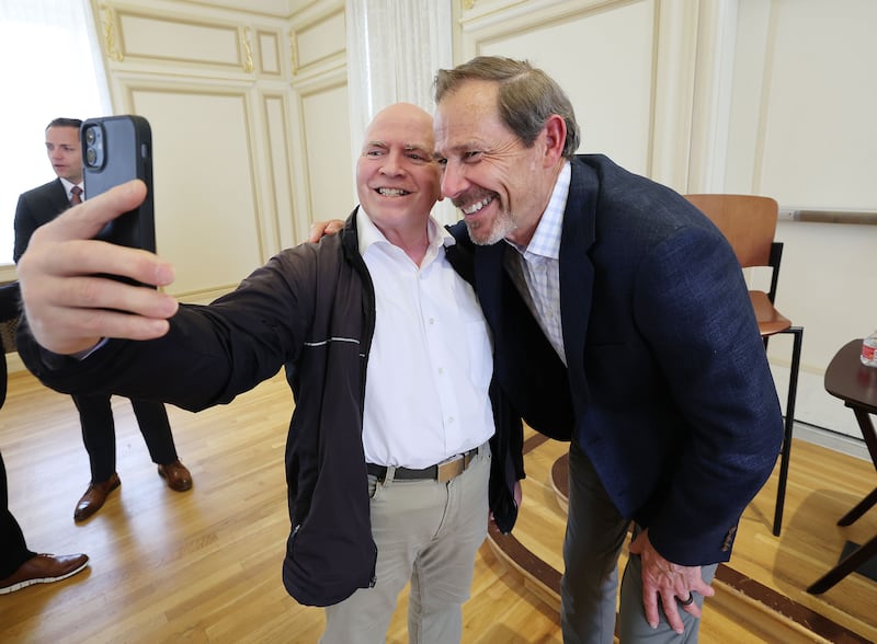 Rep. John Curtis, R-Utah, has a selfie taken with Richard Morris at the Kem C. Gardner Institute in Salt Lake City.
