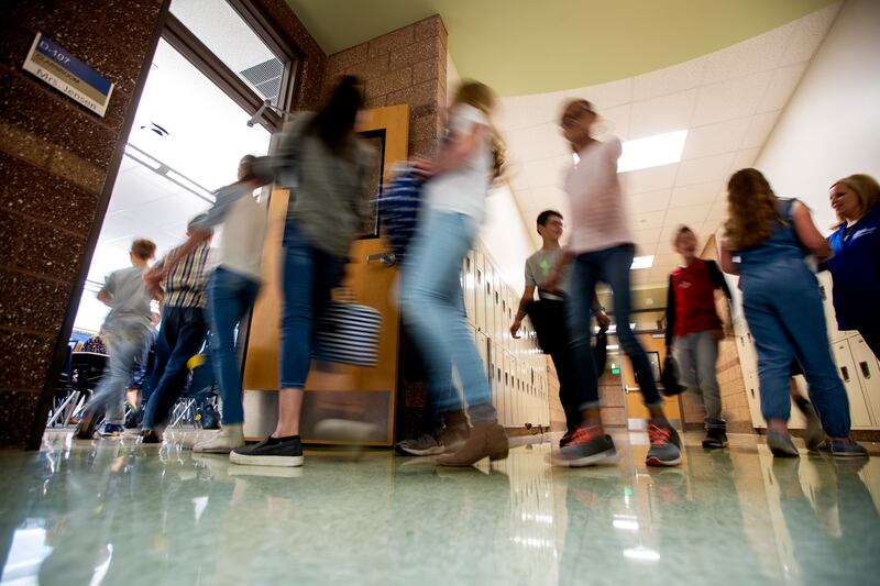 Students move between classes at Beaver School District’s Belknap Elementary School.