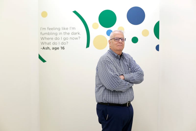 Morris Floyd, who has been volunteering at the National Runaway Safeline for 15 years answering phone calls to help runway victims poses for a portrait, Friday, March 23, 2018 in Chicago, Illinois. Floyd helps youth, teens, parents and guardians seeking h