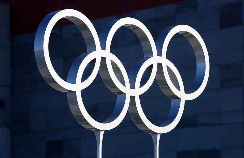 The Olympic rings from the 2002 Winter Games are pictured at Rice-Eccles Stadium at the University of Utah in Salt Lake City.